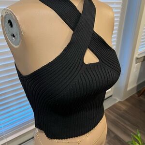 Black Ribbed Cross Halter Top